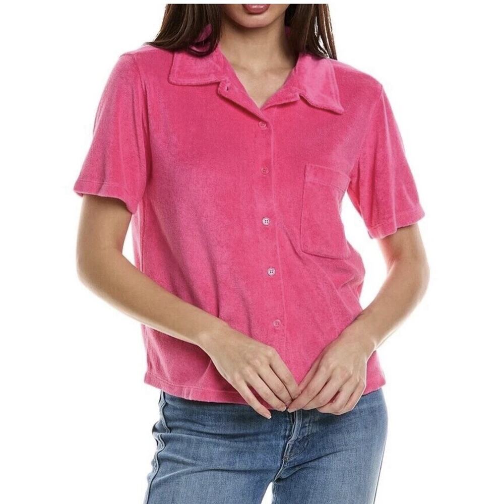 Monrowโ Ladies S Terry Pocket Shirt Button Up Lounge Top Azalea Pink - Evereve -